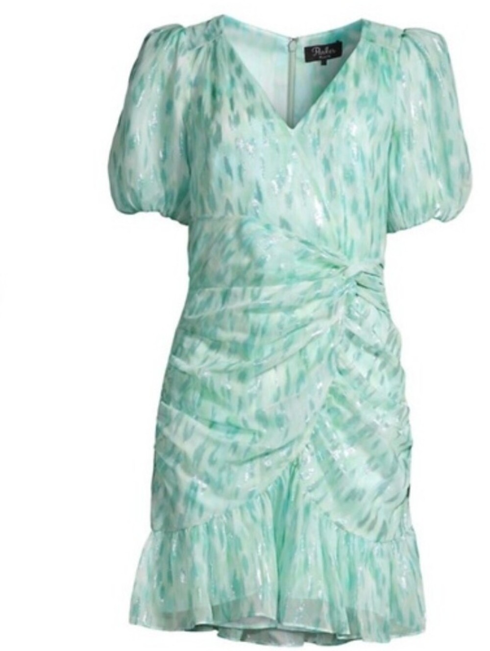 NWT Parker Nilla Light Blue Metallic Shimmer Ruched V Neck Mini Dress 8
